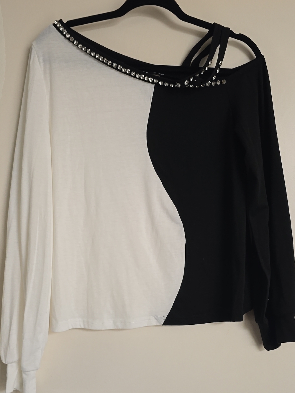 Black & White One-Shoulder Top with Rhinestone Trim